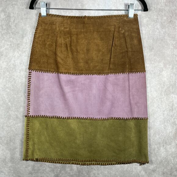 Etcetera Calf Suede Pencil Skirt 2 Green Brown Pink‎ Colorblock Boho Festival - Picture 1 of 9